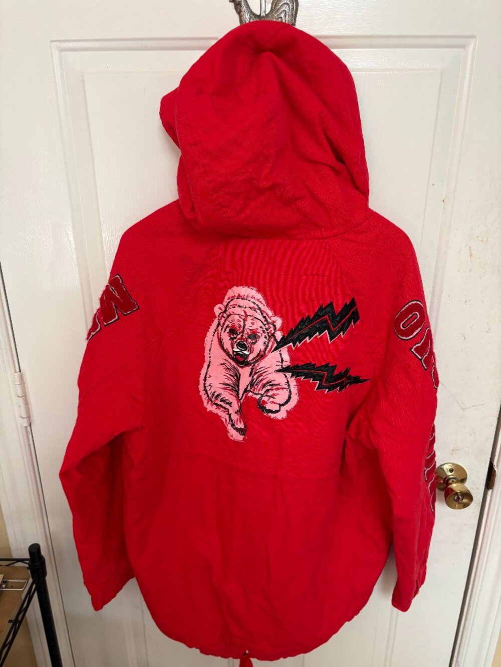 Muguoguomu Red Hooded Streetwear Parka Jacket – Size XL (Fits Women's M/L